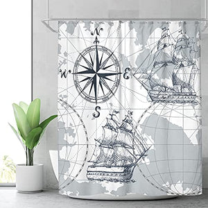 Riyidecor Extra Long Nautical Sailboat Map Shower Curtain 72Wx84H Inch Boat Sketch Ship Wheel Compass Anchor Decor Fabric olyester Waterproof Fabric 12 Pack Plastic Hooks