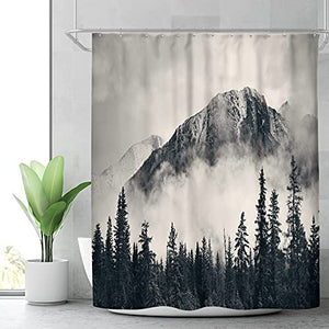 Riyidecor Extra Long National Parks Mountain Fabric Shower Curtain 72Wx84H inch Scenery Foggy Smokey Forest Tree Cliff Outdoor Idyllic Art Home Decor Bathroom Plastic Hooks 12 Pack