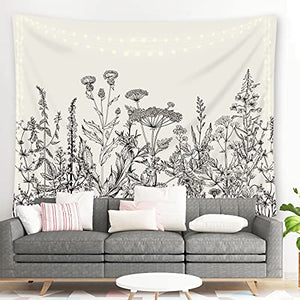 Riyidecor Plant Floral Tapestry Herbs Wild Flower 80Wx60H Inch Nature Botanical Vintage Blossom Garden Aesthetic Sketch Trendy Modern Wall Hanging Bedroom Living Room Decor