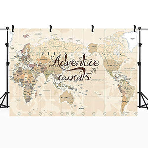 Corovy Adventure Awaits Backdrop World map Photography Background Vintage Yellow and Brown 7Wx5H Feet Decoration Celebration Props Party Photo Shoot Backdrop Vinyl Cloth