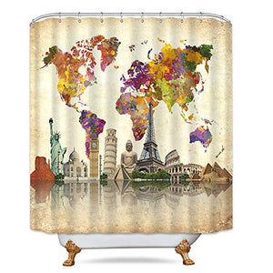 Riyidecor World Map Shower Curtain Travel Vintage Wanderlust Landmark Spot Cultural Statue of Liberty Big Ben Decor Fabric Set Polyester Waterproof 72x72 Inch with 12 Pack Hooks