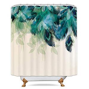 Riyidecor Watercolor Peacock Feather Shower Curtain for Bathroom Decor 60Wx72H Inch Teal Green Leaf Bathtub Accessories for Women Girl Vintage Turquoise Floral Panel Set Fabric Waterproof 12 Pack Hook