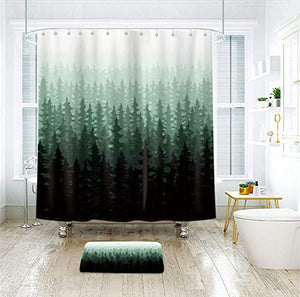 Riyidecor Misty Forest Shower Curtain Nature Foggy Rainforest Green Pine Trees 12 Pack Metal Hooks Fog Rustic Landscape Scenery Bathroom Fabric Set Polyester Waterproof 72Wx72H Inch RY-MHCU