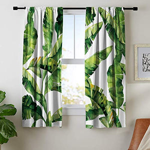 Riyidecor Tropical Palm Curtain Tree Leaf Rod Pocket Botanical Plant Banana Tree Nature Summer White Modern Printed Living Room Bedroom Window Drapes Treatment Fabric (2 Panels 42 x 63 Inch)