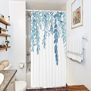 Riyidecor Blue Leaves Shower Curtain 36Wx72H Inches Watercolor Spring Botanical Plant Branch Bouquet Fabric Waterproof Polyester with 7 Pack Plastic Hooks