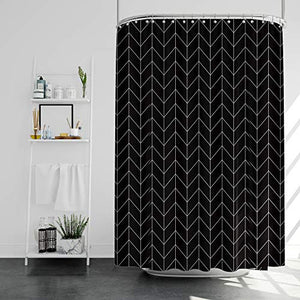 Riyidecor Striped Herringbone Chevron Shower Curtain 72x96 Inch Metal Hooks 12 Pack Extra Long Black Geometric Panel Decor Fabric Bathroom Set Polyester Waterproof