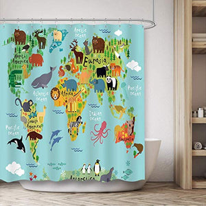 Riyidecor Kids Animal Map Shower Curtain 60Wx72H Inch Geography World Educational Children Forest Ocean Blue Colorful Decor Fabric Set Polyester Waterproof Fabric with 12 Pack Plastic Hooks