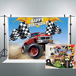 Riyidecor Truck Racing Backdrop Monster Happy Birthday 7x5 Feet Fabric Polyester Kids Boy Car Speed Cool Banner Grave Digger Big Wheels Photography Man Celebration Decor Props Party Photo Shoot