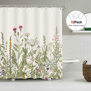 Riyidecor Extra Long Wild Flower Shower Curtain for Bathroom Decor 72Wx84H Inch Vintage Botanical Colorful Border Accessories Herbs Bathroom Set Windows Fabric Polyester Waterproof 12 Pack Hooks