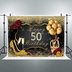Corovy 50th Birthday Backdrop Black Gold Woman Balloons Champagne Photo Photography Background 7X5 Feet Shining Sequin Rose Gold Party Decorations Celebration Props Photo Shoot Vinyl Cloth