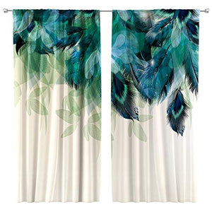 Riyidecor Watercolor Peacock Feather Curtains (2 Panels 42 x 63 Inch) Teal Blue Rod Pocket Turquoise Floral Green Leaf Rustic Art Printed Living Room Bedroom Window Drapes Treatment Fabric