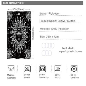 Riyidecor Mandala Celestial Shower Curtain 36Wx72H Inch Sun Moon Black and White Decor Medallion Floral Fabric Set Polyester Waterproof 12 Pack Plastic Hooks