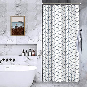 Riyidecor Stall Small Shower Curtain Half Size 36x72 Inch White Navy Single Narrow Tiny Geometric Chevron Striped Herringbone 7 Pack Hooks Dorm Decor Fabric Bathroom Set Polyester Waterproof