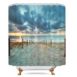 Riyidecor Ocean Beach Shower Curtain 60Wx72H Sunset Scenic Blue Sky Seaside Landscape Sand Decor Fabric Bathroom 12 Pack Plastic Shower Hooks