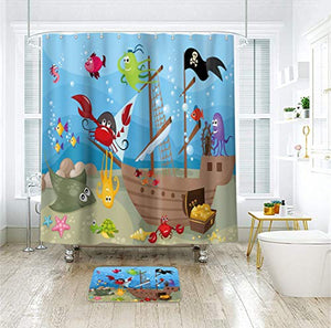 Riyidecor Pirate Ship Shower Curtain Boys Underwater Ocean Fish Kids Sea Marine Animal Decor Fabric Bathroom 72x72 Inch 12 Pack Plastic Shower Hooks
