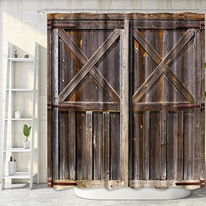 Riyidecor Wooden Barn Door Shower Curtain Panel 72Wx72H Inch Metal Hooks 12 Pack Farmhouse Western Country Wood Rustic Brown Fabric Polyester Waterproof Bathroom Home Decor Set