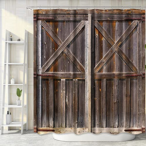 Riyidecor Wooden Barn Door Shower Curtain 72X84 Inch Farmhouse Western Country Rustic Brown Vintage Gate Fabric Polyester Waterproof Bathroom Home Decor Set 12 Pack Plastic Hooks