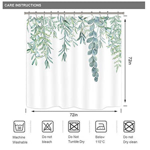 Riyidecor Standard Size Sage Green Leaves Shower Curtain 72Wx72H Inch Nature Plants Eucalyptus Organic Botanical Floral Bathroom Decor Fabric Waterproof Home Bathtub Decor 12 Pack Plastic Hook