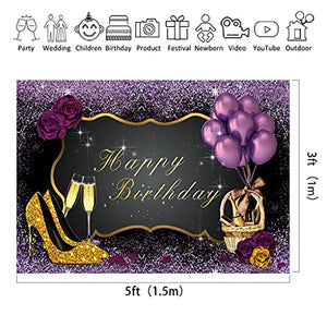 Riyidecor Gold Purple Birthday Woman Backdrop High Heels Champagne Glass Photography Background 30th 40th Adult Woman Elegant 5x3 Feet Cake Table Banner Birthday Decor Props Party Photo Shoot Vinyl