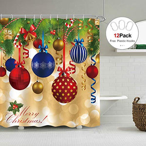 Riyidecor Merry Christmas Shower Curtain Colorful Balls Christmas Tree Winter Ribbon Kids Decor Fabric Set Polyester Waterproof 72x72 Inch 12-Pack Plastic  Hooks