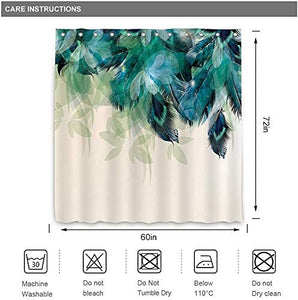 Riyidecor Watercolor Peacock Feather Shower Curtain for Bathroom Decor 60Wx72H Inch Teal Green Leaf Bathtub Accessories for Women Girl Vintage Turquoise Floral Panel Set Fabric Waterproof 12 Pack Hook