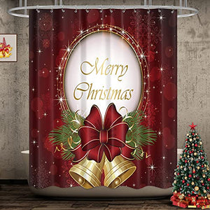Riyidecor Merry Christmas Jingle Shower Curtain Red Golden Bell Xmas New Year Holiday Winter Snowflake Fabric Waterproof Home Bathtub Decor 12 Pack Plastic Hook 72x72 Inch
