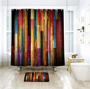 Riyidecor Colorful Painted Wood Shower Curtain 72Wx72H Inch Plank Rustic Retro Wooden Vintage Barn Door Bathroom Decor Set Polyester Waterproof 12 Pack Plastic Hooks