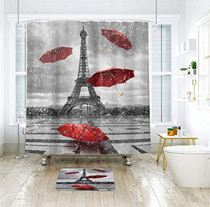 Riyidecor Vintage France Eiffel Tower Shower Curtain Paris Raining European City Modern Red Umbrella Landscape Black Fabric Waterproof Bathroom Home Decor Panel 72x72 Inch 12 Plastic Shower Hooks