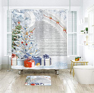Riyidecor Merry Christmas Tree Shower Curtain 60Wx72H Inch Xmas Stairs Holiday Winter Vacation Snow Gift Candy Cane New Year Eve 12 Pack Plastic Hooks Fabric Waterproof Home Bathroom Decor