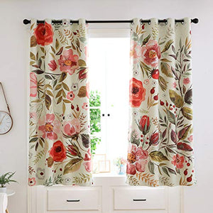 Riyidecor Floral Blackout Curtains Spring Roses Shabby Chic Flowers Printed Artwork Pedals Dots Leaves Season Buds Living Room Bedroom Window Drapes Treatment Fabric (2 Panels 52 x 63 Inch)
