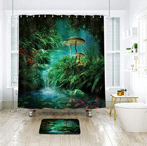Riyidecor Fantasy Mushroom Shower Curtain 72Wx72H Inch Fairy Forest Tree Gothic Panel Jungle Green Zen River Trippy Bathroom Decor Fabric Set Polyester Waterproof 72Wx72H Inch 12 Pack Plastic Hooks