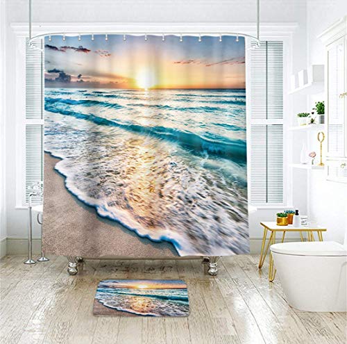 Riyidecor Beach Shower Curtain Sunrise Summer Ocean Coastal