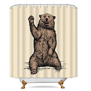 Riyidecor Funny Animal Brown Bear Shower Curtain Kids Farmhouse Country Hand Say Hello Decor Fabric Bathroom Polyester Waterproof 72Wx72H Inch 12-Pack Hooks