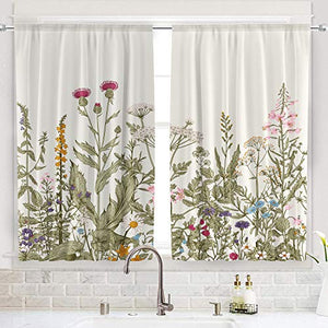Riyidecor Green Leaves Plant Small Kitchen Curtains Floral Botanical Rod Pocket Farmhouse Pattern Cafe Curtains Herbs Rustic Living Room Bedroom Window Drapes Treatment Fabric (2 Panels 55 x 39 Inch)