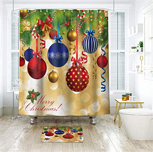 Riyidecor Merry Christmas Shower Curtain Colorful Balls Christmas Tree Winter Ribbon Kids Decor Fabric Set Polyester Waterproof 72x72 Inch 12-Pack Plastic  Hooks