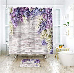 Riyidecor Lavender Flower Shower Curtain Rustic Wooden Floor Purple Lilac Floral Girls Woman Spring Romantic Decor Fabric Bathroom 72x72 Inch 12 Pack Plastic Shower Hooks Included