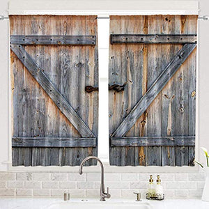 Riyidecor Wooden Barn Doors Kitchen Curtains Rustic Rod Pocket Retro Brown Woods Shabby Chic Farmhouse Printed Living Room Bedroom Window Drapes Treatment Fabric 2 Panels 55 x 39 Inch