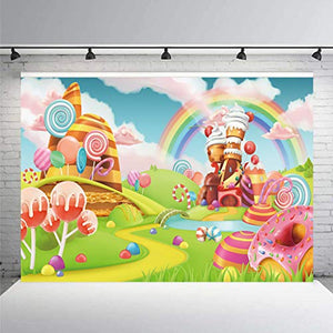 Riyidecor Candyland Lollipop Rainbow Castle Photo Backdrop Cartoon Kids 8x6 Feet Ice Cream Cloud Lawn Photography Background Artistic Newborn Birthday Party Photo Studio Shoot Backdrop Vinyl Cloth