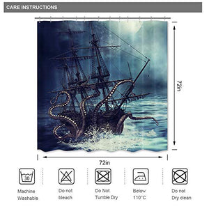 Riyidecor Octopus Ocean Kraken Nautical Shower Curtain Pirate Ship Boys Kids Steampunk Sailboat Bathroom Decor Fabric Polyester Waterproof 72x72 Inch with 12 Pack Hooks