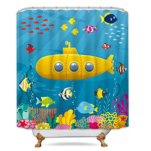 Riyidecor Kids Shower Curtain Marine Underwater Ocean Fish Coral Yellow Submarine Colorful Decor Fabric Bathroom 72Wx72H Inch 12 Pack Plastic Shower Hooks Included