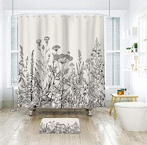 Riyidecor Wild Floral Shower Curtain Botanical Herbs Tulip Plant Nature Blossom Flower Leaf Sketch Gross Waterproof Fabric 60Wx72H Inch Polyester Bathroom Bathtub Decoration 12 Pack Plastic Hooks