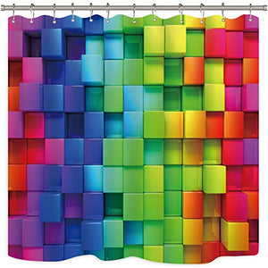 Riyidecor Rainbow Geometric Plaid Shower Curtain 72x78 Inch Metal Hooks 12 Pack Neon Rainbow Colored Blue Green Red Purple Decor Fabric Bathroom Set Polyester Waterproof Fabric