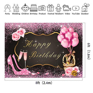 Riyidecor Glitter Happy Birthday Backdrop Pink High Heels Rose Gold 16th 20th 30th 50th Women Girls Princess Photography Background 8Wx6H Feet Decor Props Photo Shoot Banner Vinyl Cloth
