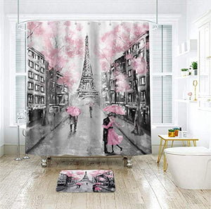 Riyidecor Paris Eiffel Tower Shower Curtain for Bathroom Decor 72Wx72H Inch Vintage French European City Landscape Modern Oil Painting for Women Girl Lover Couple Pink Fabric Waterproof 12 Pack Hooks