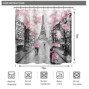 Riyidecor Paris Eiffel Tower Shower Curtain for Bathroom Decor 72Wx72H Inch Vintage French European City Landscape Modern Oil Painting for Women Girl Lover Couple Pink Fabric Waterproof 12 Pack Hooks