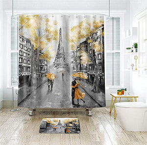 Riyidecor Paris Eiffel Tower Shower Curtain 72Wx72H Inch Black Yellow Oil Painting European City Fall Scenic Artwork Paris Themed Bathroom Decor Fabric Waterproof Home 12 Plastic Shower Hooks