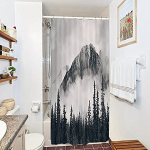 Riyidecor Small Stall Misty Forest Shower Curtain 39Wx72H inch Mountain Nature Rustic Scenery Foggy Smokey Tree National Parks Cliff Outdoor Idyllic Home Decor Fabric Bathroom Plastic Hooks 7 Pack