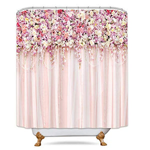 Riyidecor Bridal Floral Wall Shower Curtain for Bathroom 72Wx72H Inch Pink Rose Pattern Bath Set for Woman Girl Vintage Spring Nature Bathtub Accessories Fabric Panel Waterproof Plastic 12 Pack Hooks