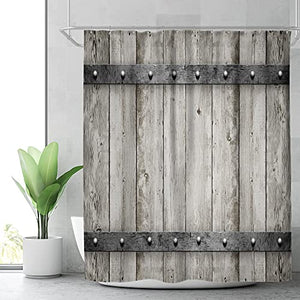 Riyidecor Rustic Barn Door Shower Curtain 72" W x 72" H Wooden Metal Texture Bathroom Decor Fabric Panel Polyester Waterproof with 12 Pack Plastic Shower Hooks
