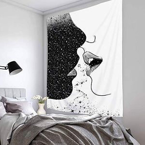 Riyidecor Kissing Tapestry Lips 51Wx59H Inch Kiss Abstract Lovers Couple Aesthetic Black White Planet Star Romantic Art Wall Hanging Bedroom Living Room Dorm Wall Blankets Home Decor Fabric